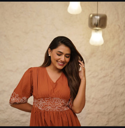 Stylish Cotton Gown with Modern Puff Sleeves