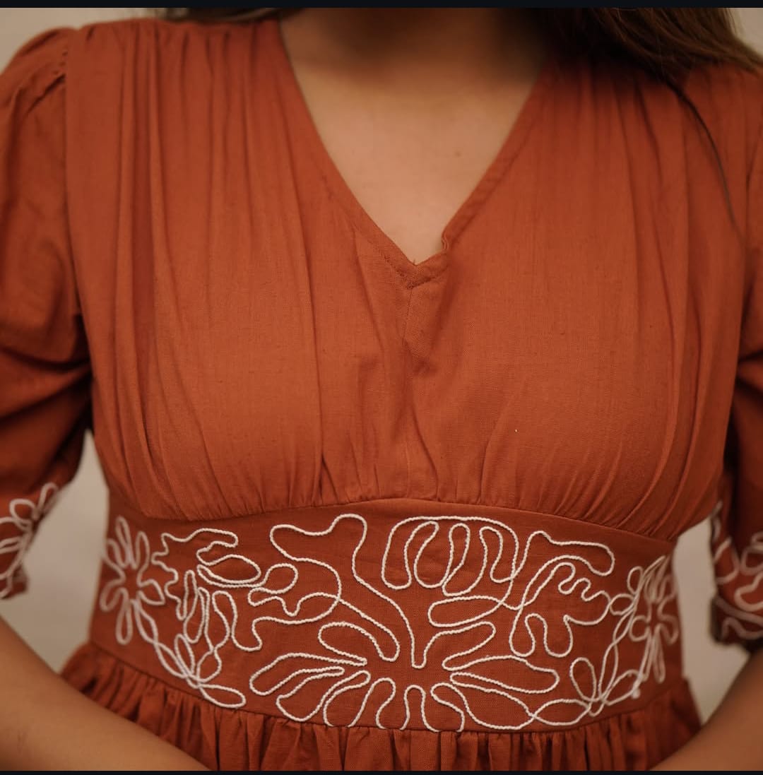 Stylish Cotton Gown with Modern Puff Sleeves