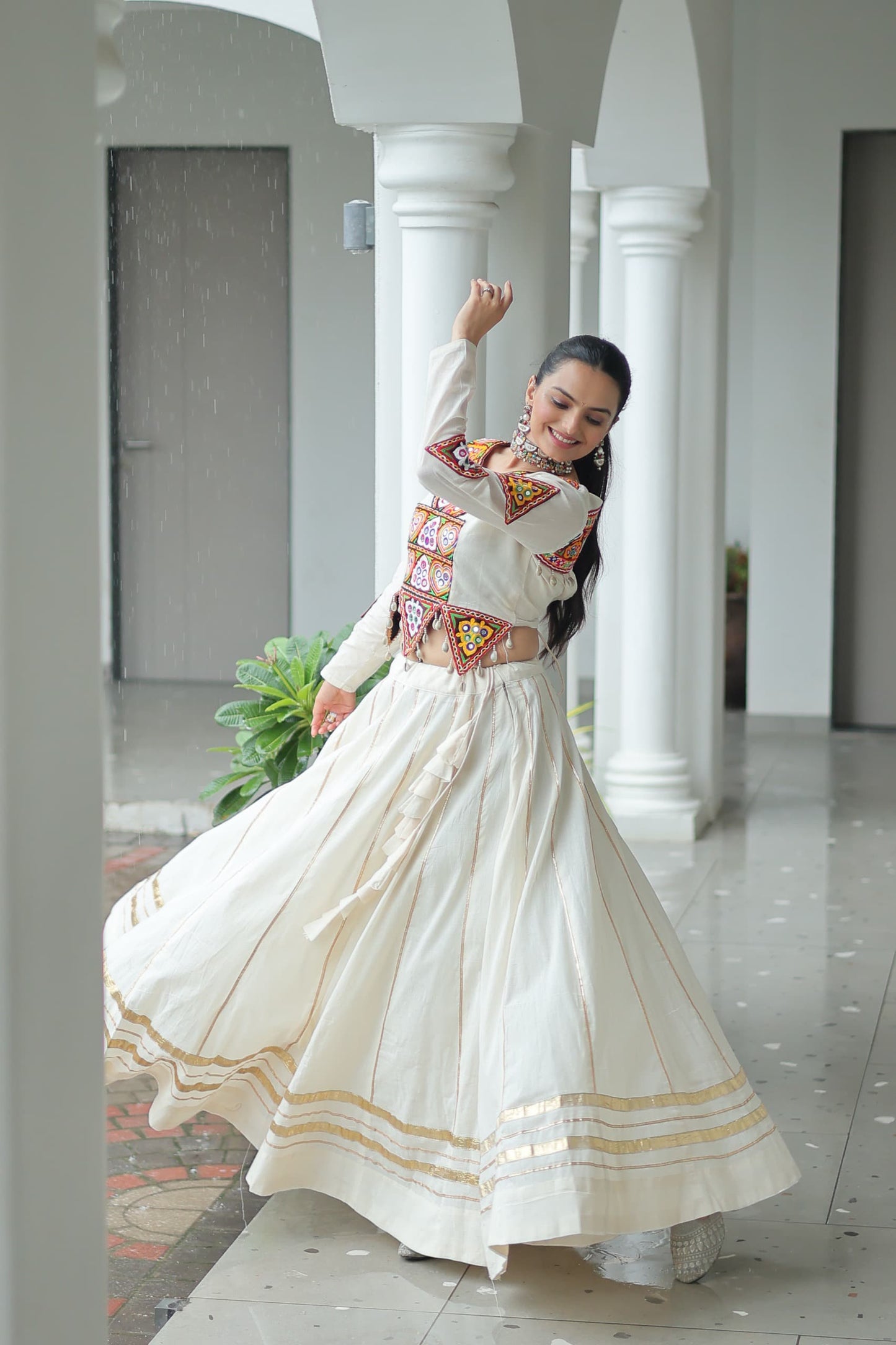 Festive Kora Cotton Navratri Lehenga Choli with Gamthi Embroidery & Gota Patti