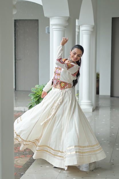 Festive Kora Cotton Navratri Lehenga Choli with Gamthi Embroidery & Gota Patti