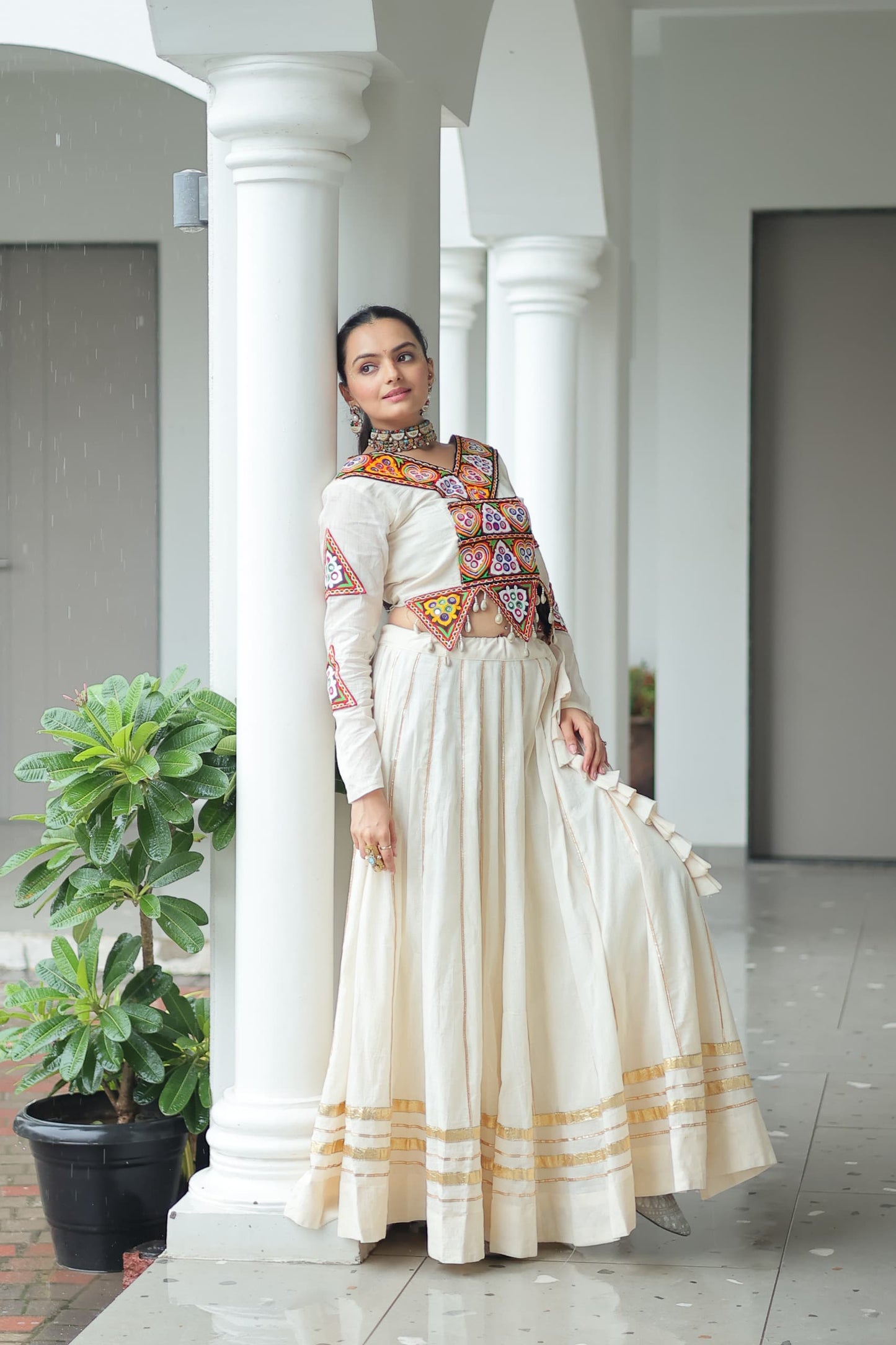 Festive Kora Cotton Navratri Lehenga Choli with Gamthi Embroidery & Gota Patti