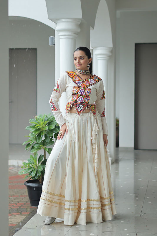 Festive Kora Cotton Navratri Lehenga Choli with Gamthi Embroidery & Gota Patti
