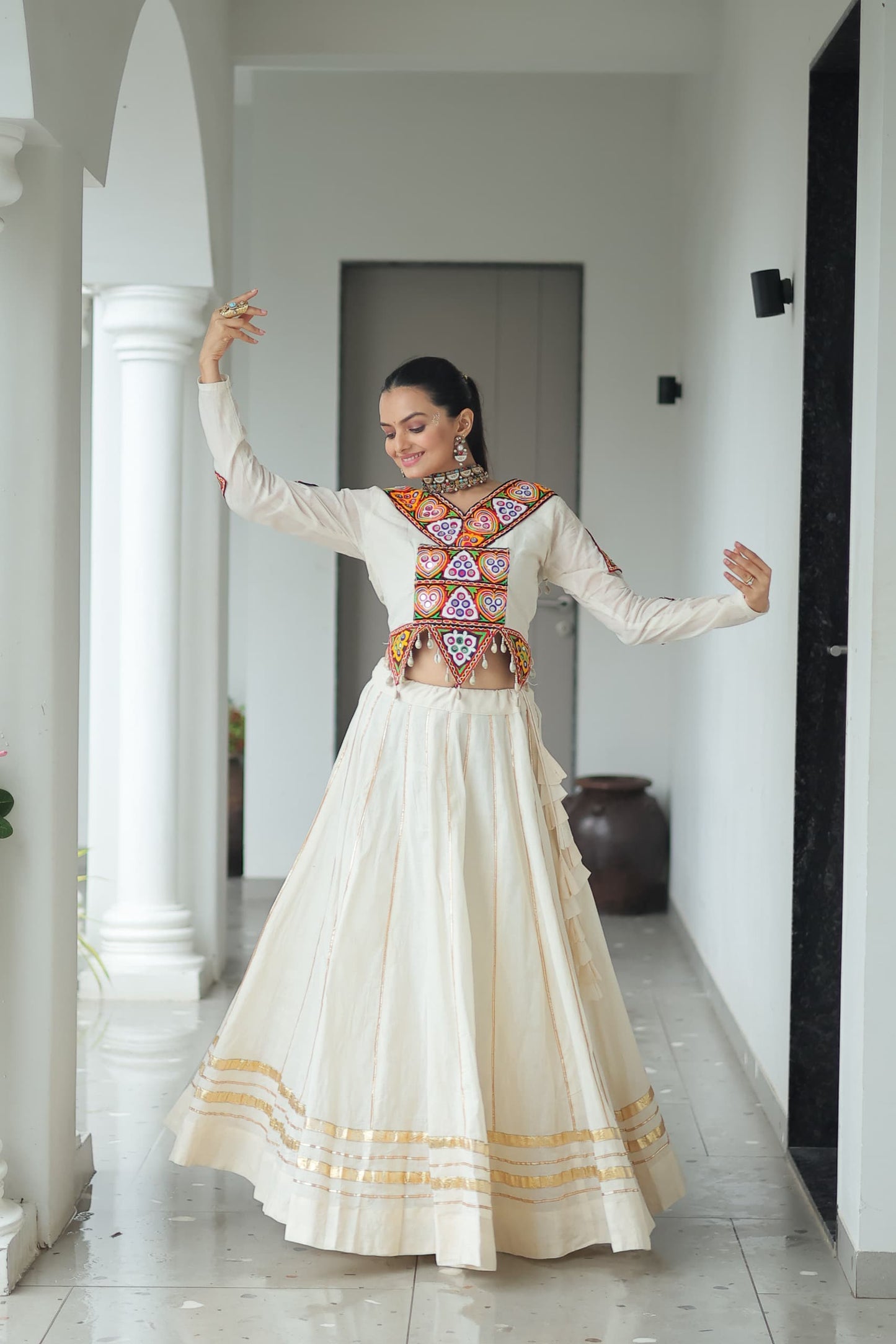 Festive Kora Cotton Navratri Lehenga Choli with Gamthi Embroidery & Gota Patti