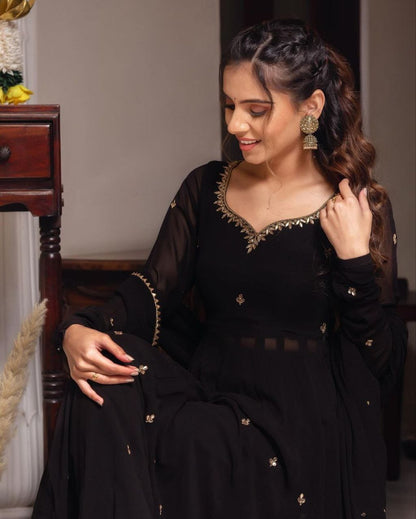 Black Gold Handwork Georgette Anarkali Set