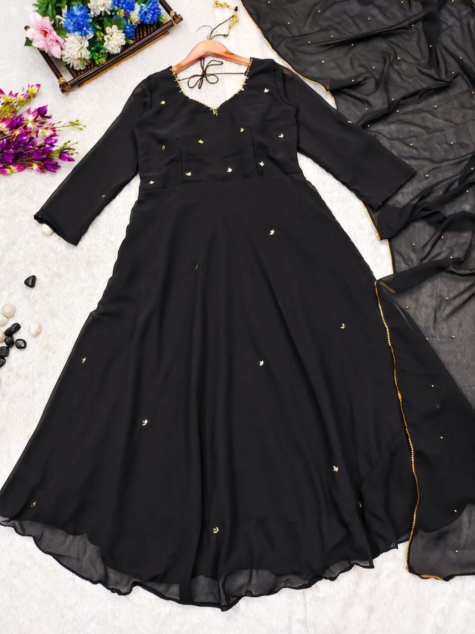 Black Gold Handwork Georgette Anarkali Set