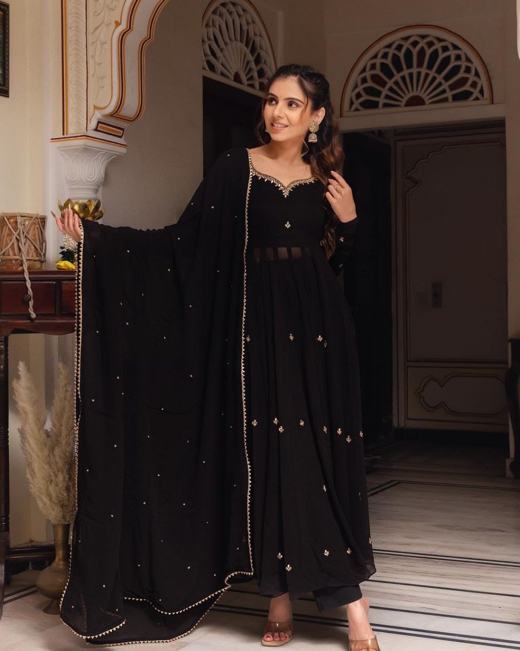 Black Gold Handwork Georgette Anarkali Set