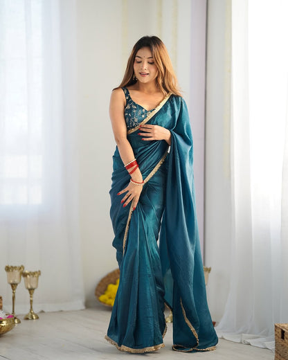Stunning Gold Crush Saree with Embroidered Blouse & Lace Border
