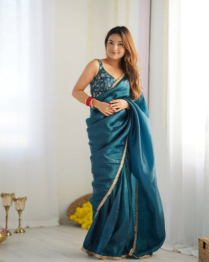 Stunning Gold Crush Saree with Embroidered Blouse & Lace Border