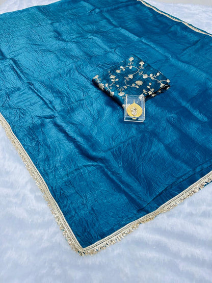 Stunning Gold Crush Saree with Embroidered Blouse & Lace Border