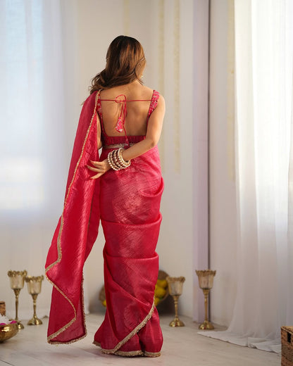 Stunning Gold Crush Saree with Embroidered Blouse & Lace Border