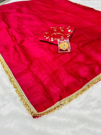 Stunning Gold Crush Saree with Embroidered Blouse & Lace Border
