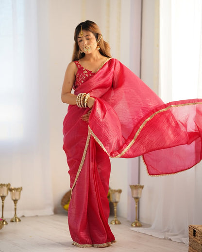 Stunning Gold Crush Saree with Embroidered Blouse & Lace Border