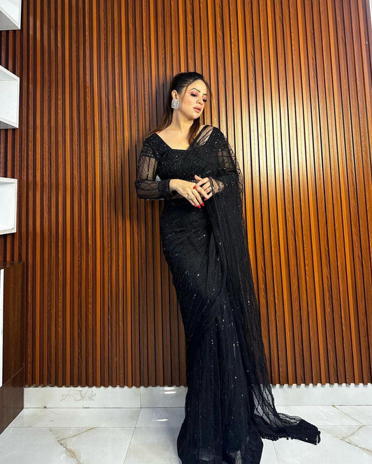 Elegant Heavy Net Sequin Work Ready-to-Wear Saree with Matching Blouse