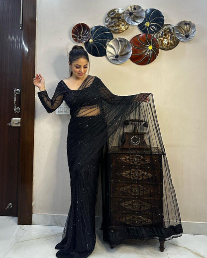 Elegant Heavy Net Sequin Work Ready-to-Wear Saree with Matching Blouse