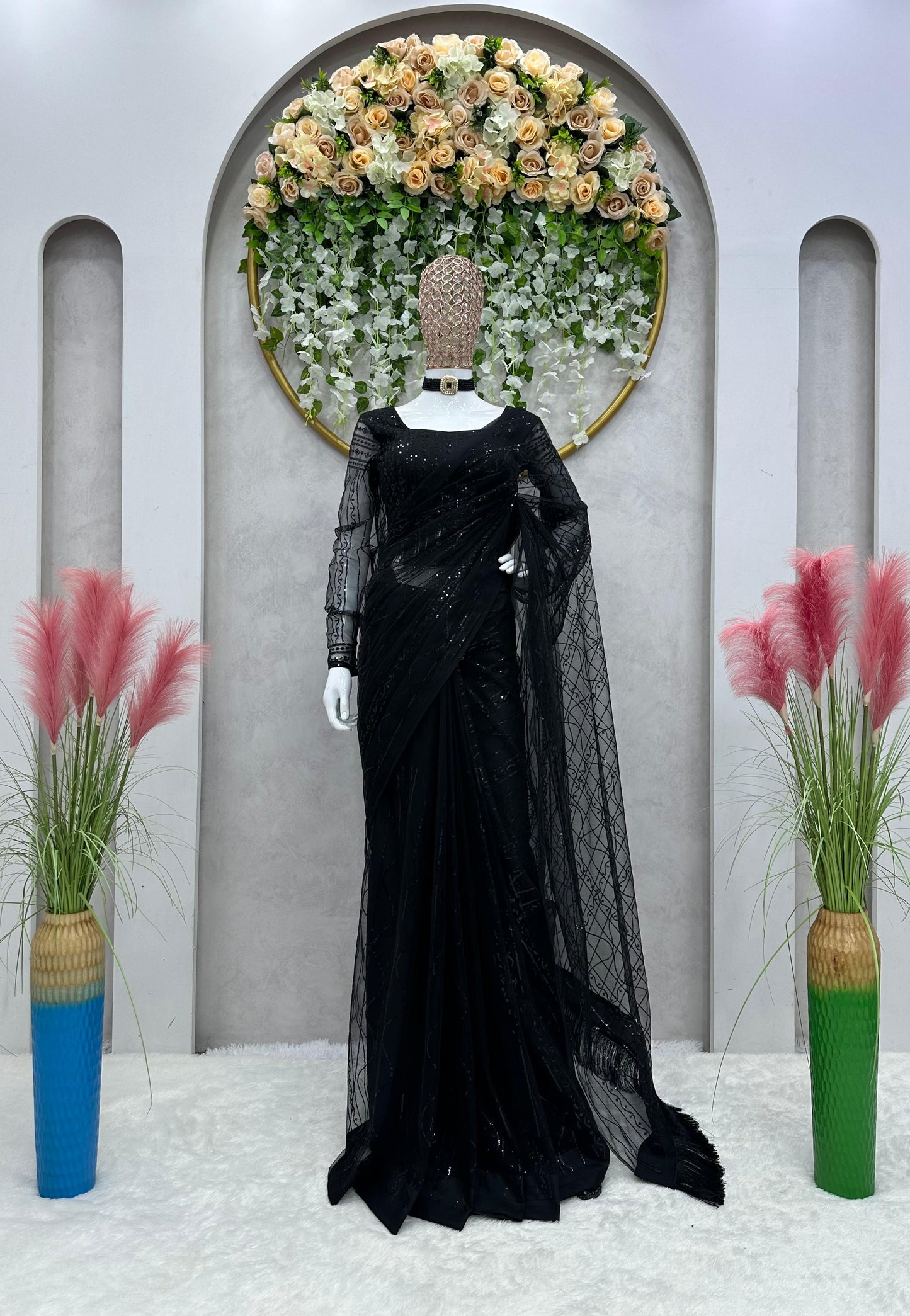 Elegant Heavy Net Sequin Work Ready-to-Wear Saree with Matching Blouse