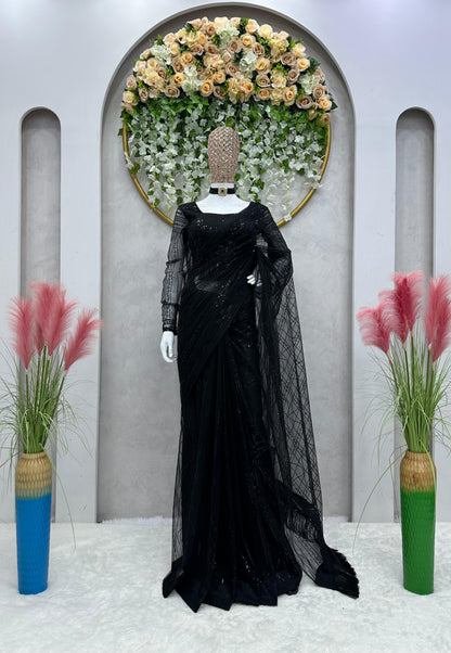 Elegant Heavy Net Sequin Work Ready-to-Wear Saree with Matching Blouse