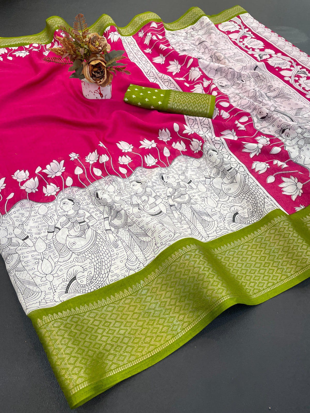 Elegant Dola Silk Freehand Print Saree with Designer Pallu