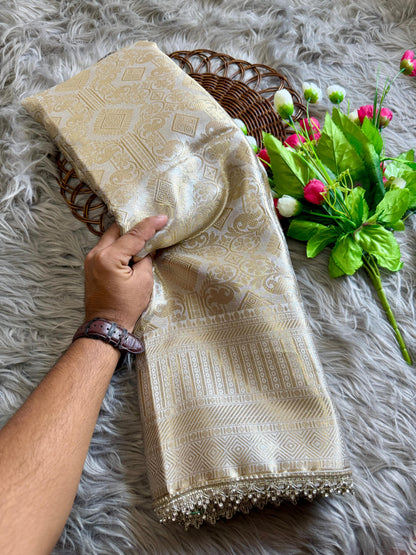 Premium Banarasi Silk Saree with Designer Jharkan & Brocade Blouse