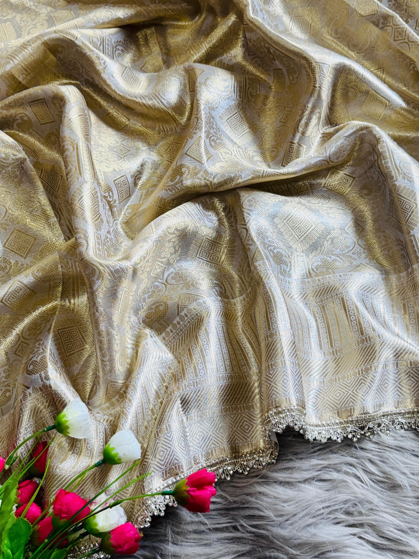 Premium Banarasi Silk Saree with Designer Jharkan & Brocade Blouse