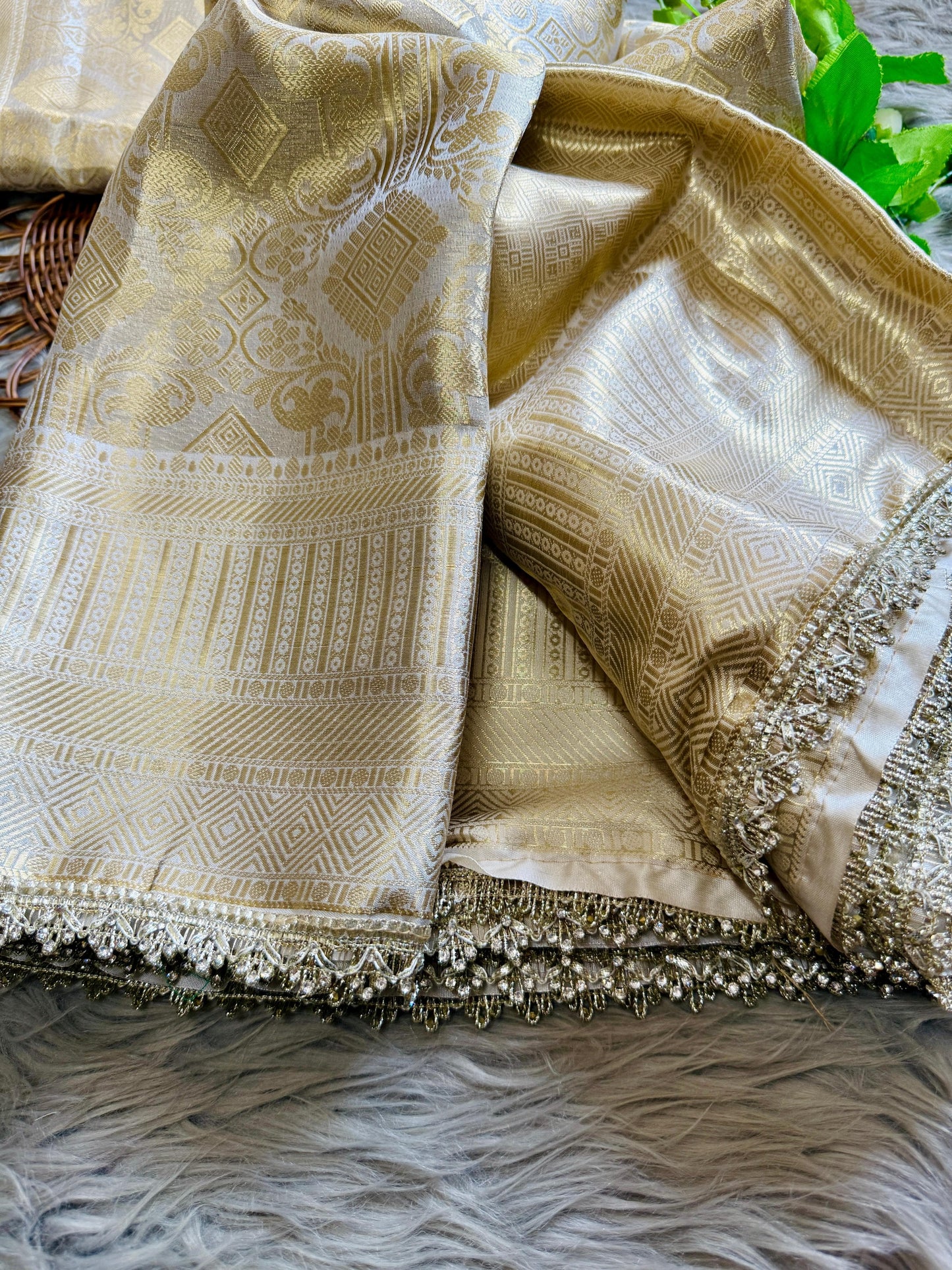 Premium Banarasi Silk Saree with Designer Jharkan & Brocade Blouse