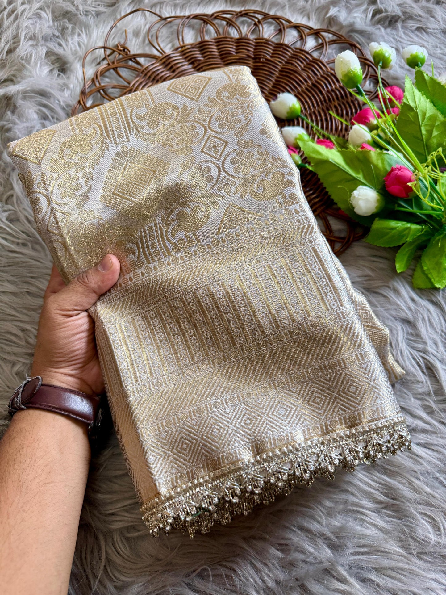 Premium Banarasi Silk Saree with Designer Jharkan & Brocade Blouse