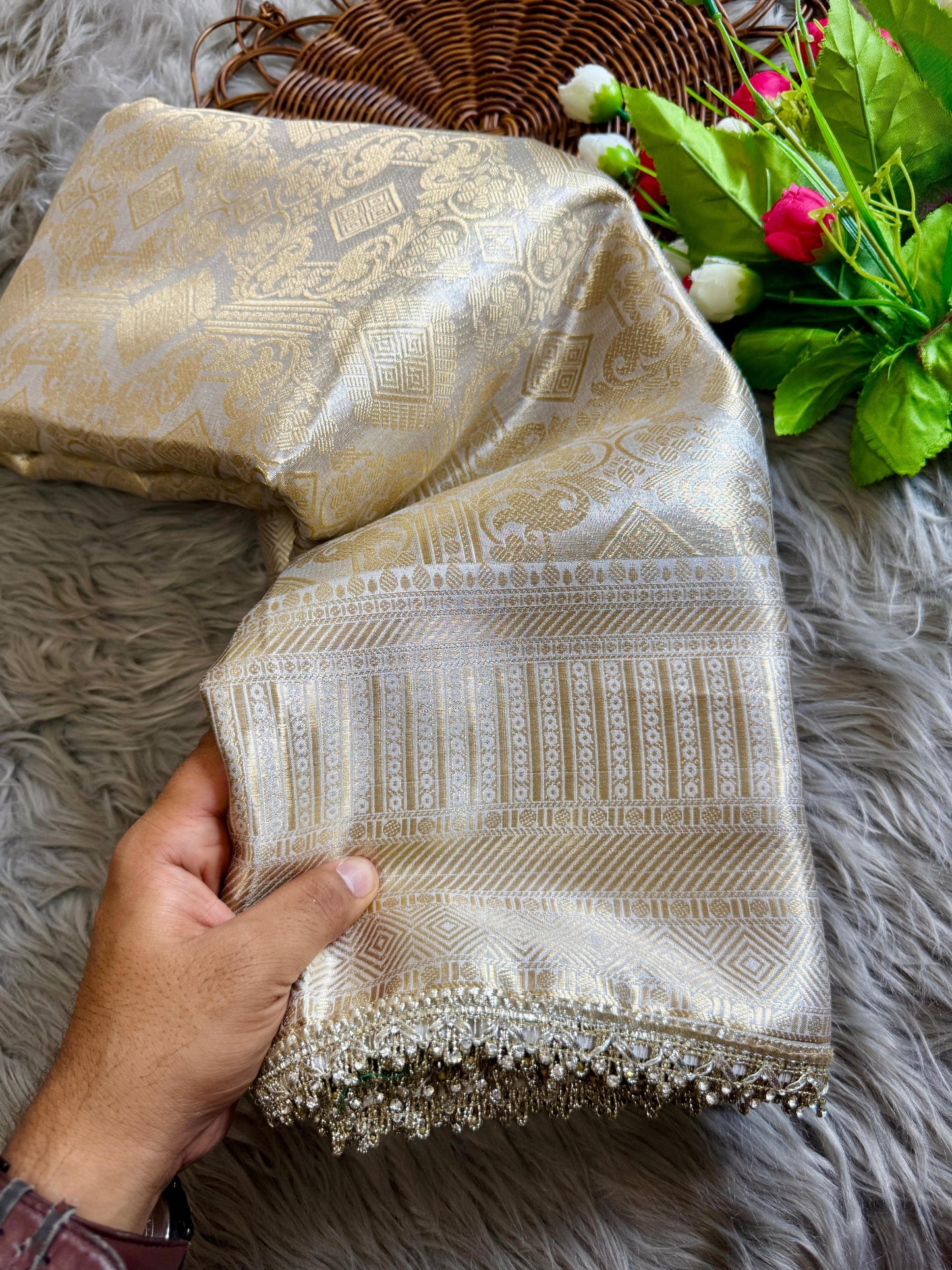 Premium Banarasi Silk Saree with Designer Jharkan & Brocade Blouse