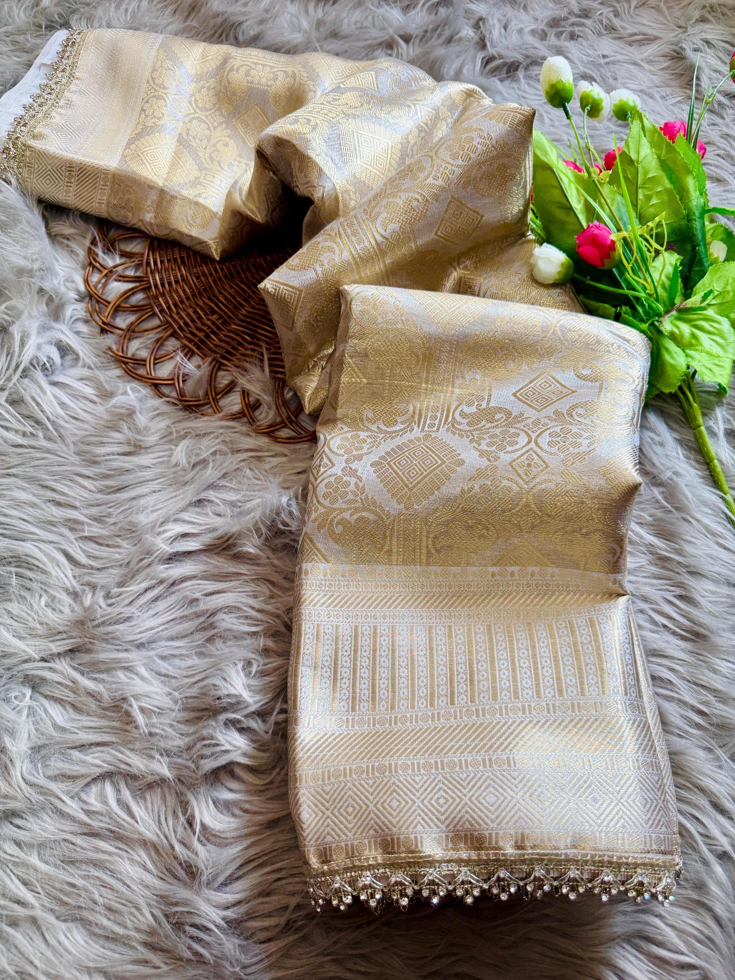 Premium Banarasi Silk Saree with Designer Jharkan & Brocade Blouse