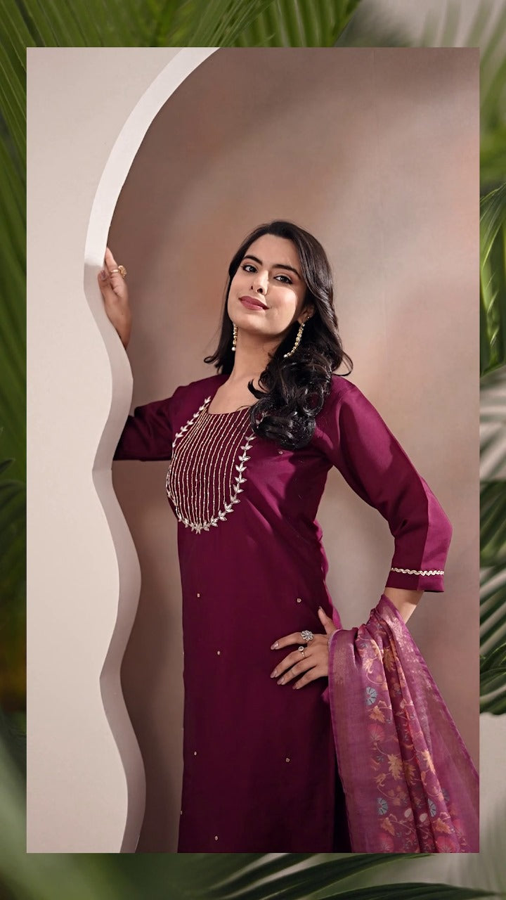 Premium Roman Silk Handwork Suit with Digital Dupatta