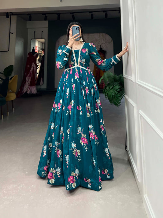 Graceful Wine Floral Print Gown in Georgette Fabric
