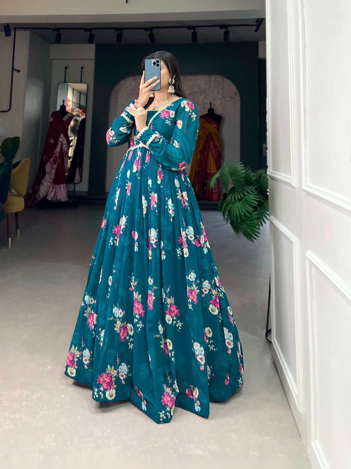 Graceful Wine Floral Print Gown in Georgette Fabric