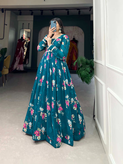 Graceful Wine Floral Print Gown in Georgette Fabric