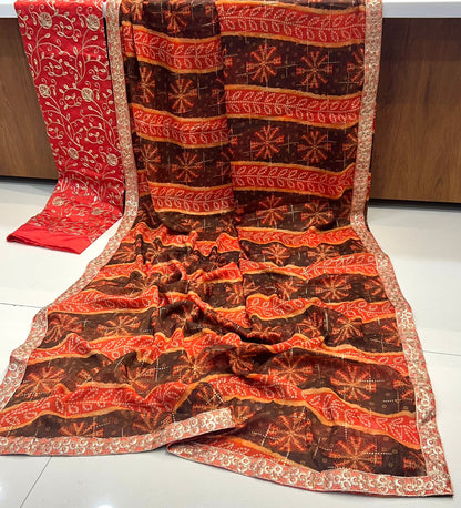Gerua by Stavan – Pure Chiffon with Embroidery Border & Blouse
