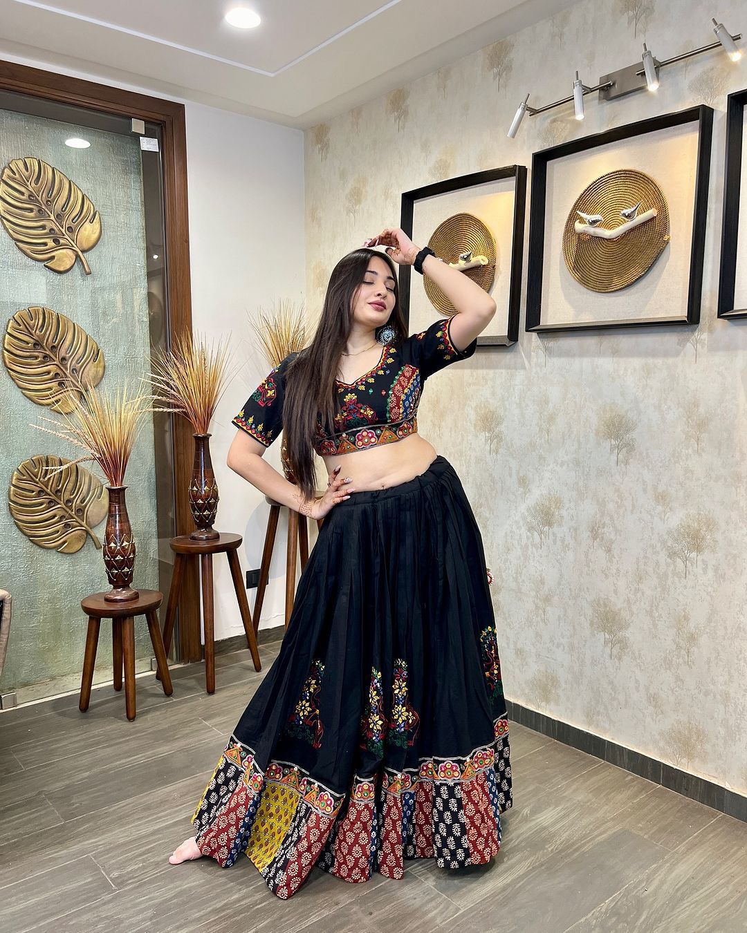 Navratri 2024 Printed Cotton Lehenga Choli Set with Leheriya Dupatta – Celebrate in Vibrant Gujarati Style