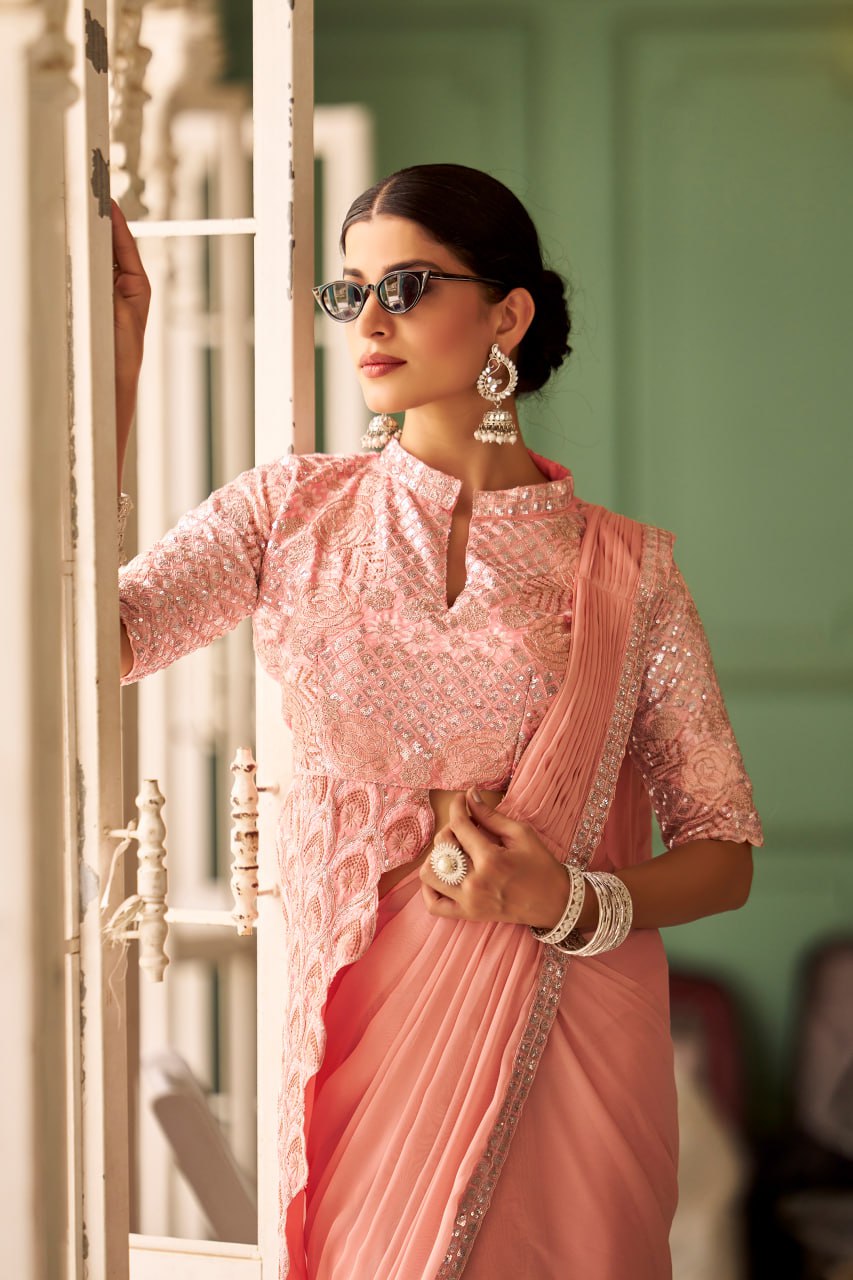 Premium Ready to Wear Chinon Drape Saree with Embroidered Blouse