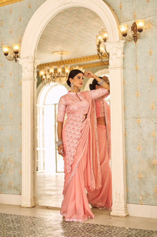 Premium Ready to Wear Chinon Drape Saree with Embroidered Blouse