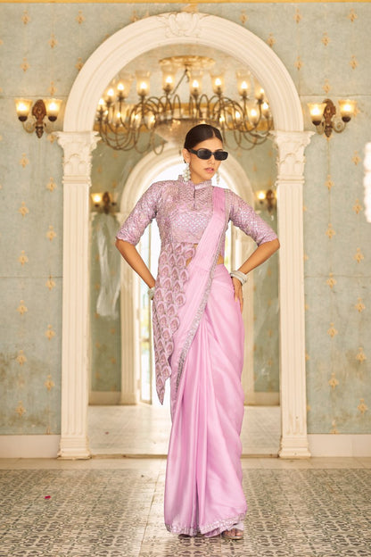Premium Ready to Wear Chinon Drape Saree with Embroidered Blouse