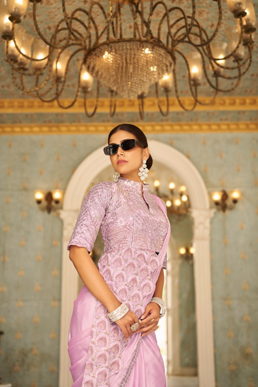 Premium Ready to Wear Chinon Drape Saree with Embroidered Blouse