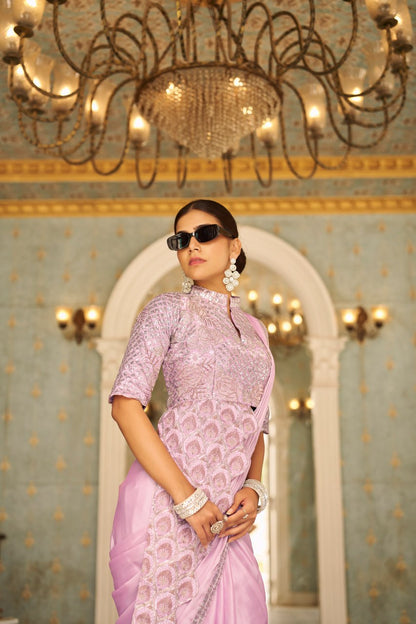 Premium Ready to Wear Chinon Drape Saree with Embroidered Blouse