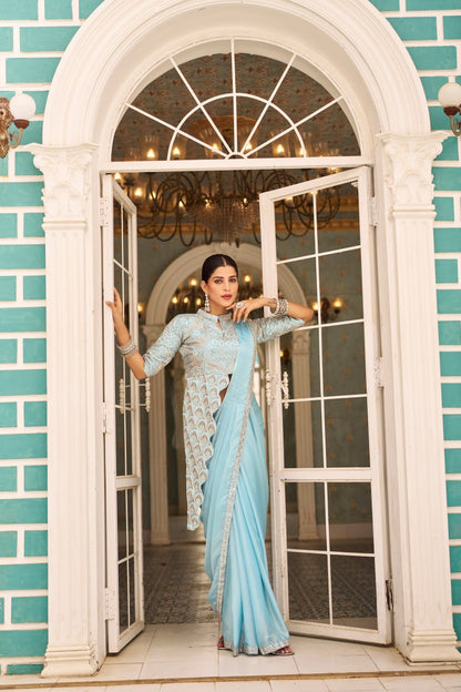 Premium Ready to Wear Chinon Drape Saree with Embroidered Blouse