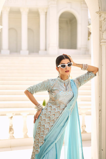 Premium Ready to Wear Chinon Drape Saree with Embroidered Blouse