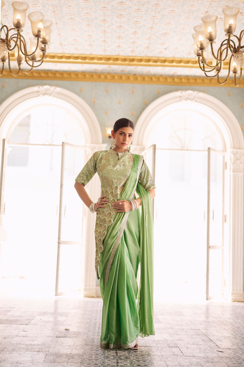 Premium Ready to Wear Chinon Drape Saree with Embroidered Blouse