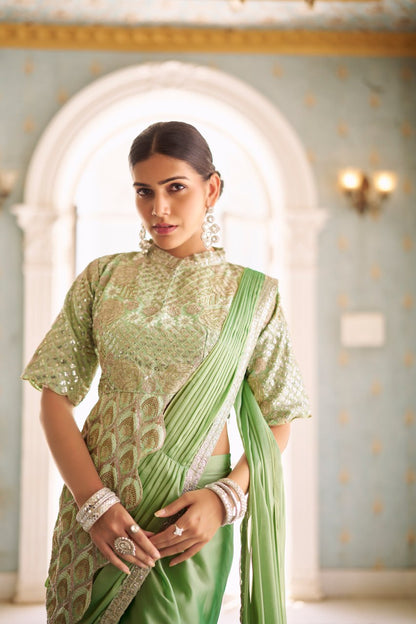Premium Ready to Wear Chinon Drape Saree with Embroidered Blouse