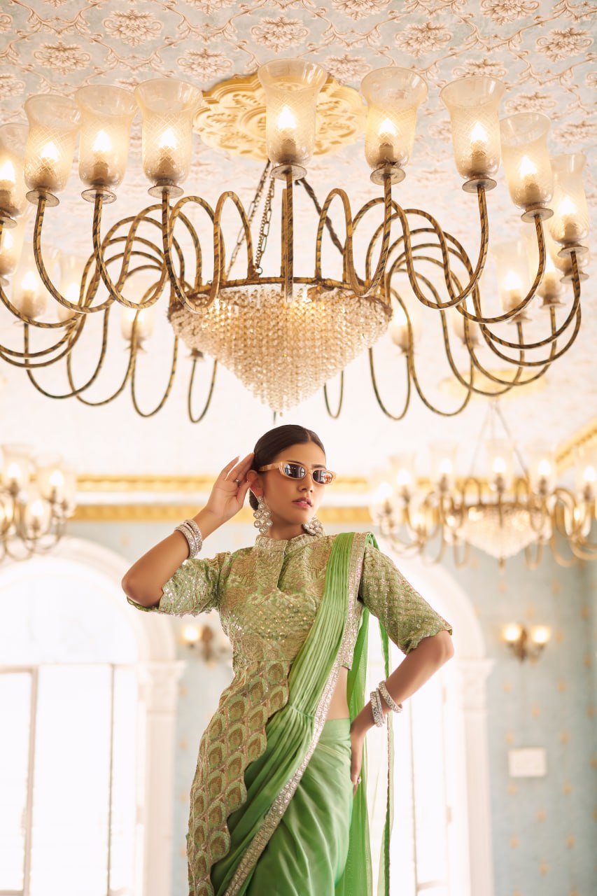 Premium Ready to Wear Chinon Drape Saree with Embroidered Blouse