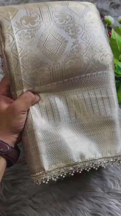 Premium Banarasi Silk Saree with Designer Jharkan & Brocade Blouse