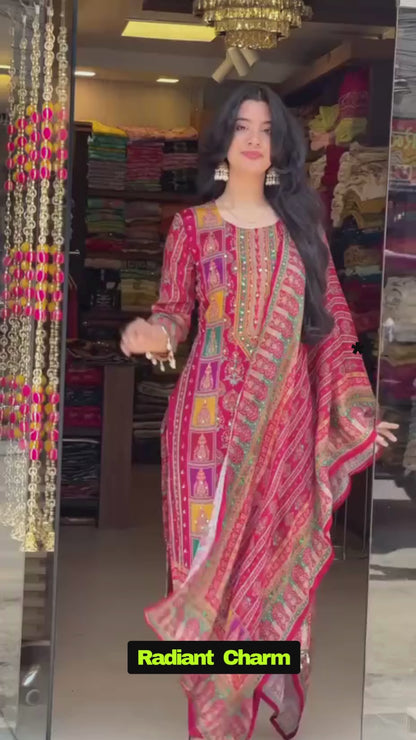 Premium Maslin Mirror Work Top & Dupatta Set with Roman Silk Pant
