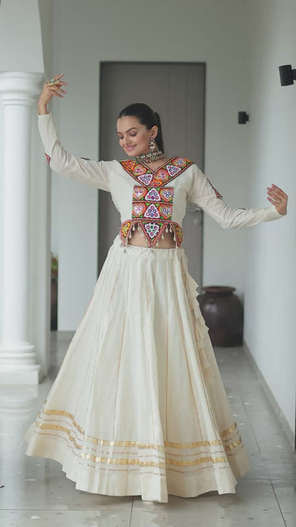 Festive Kora Cotton Navratri Lehenga Choli with Gamthi Embroidery & Gota Patti