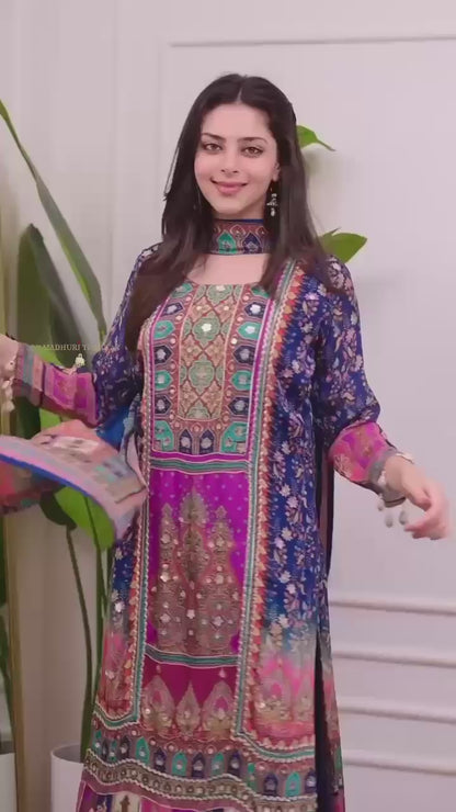 Elegant Chinon Kurti with Dupatta & Stone Work