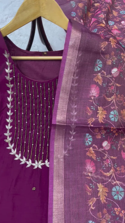 Premium Roman Silk Handwork Suit with Digital Dupatta