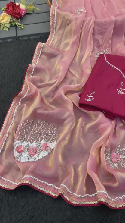 Luxury Bollywood Style Satin Saree with Full Handwork Detailing