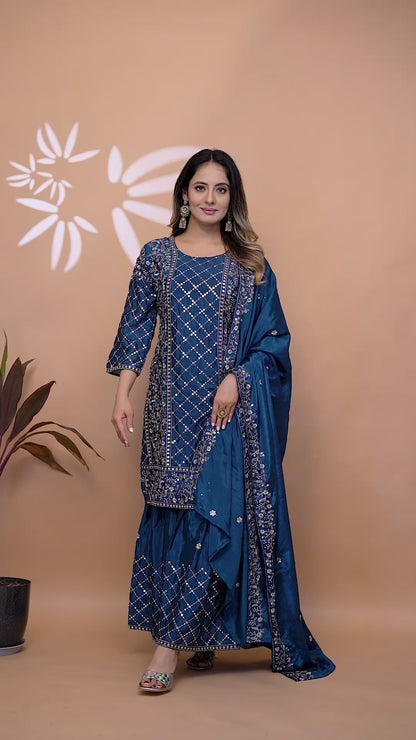 Designer Embroidered Chinon Sharara Set with Dupatta